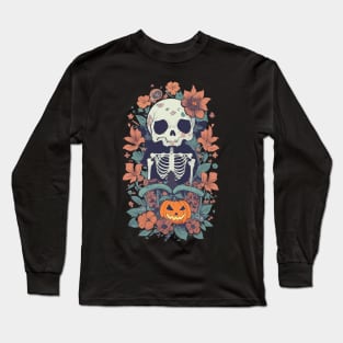 A Skeleton standing in front of flowers and a Halloween pumpkin beside it. Long Sleeve T-Shirt